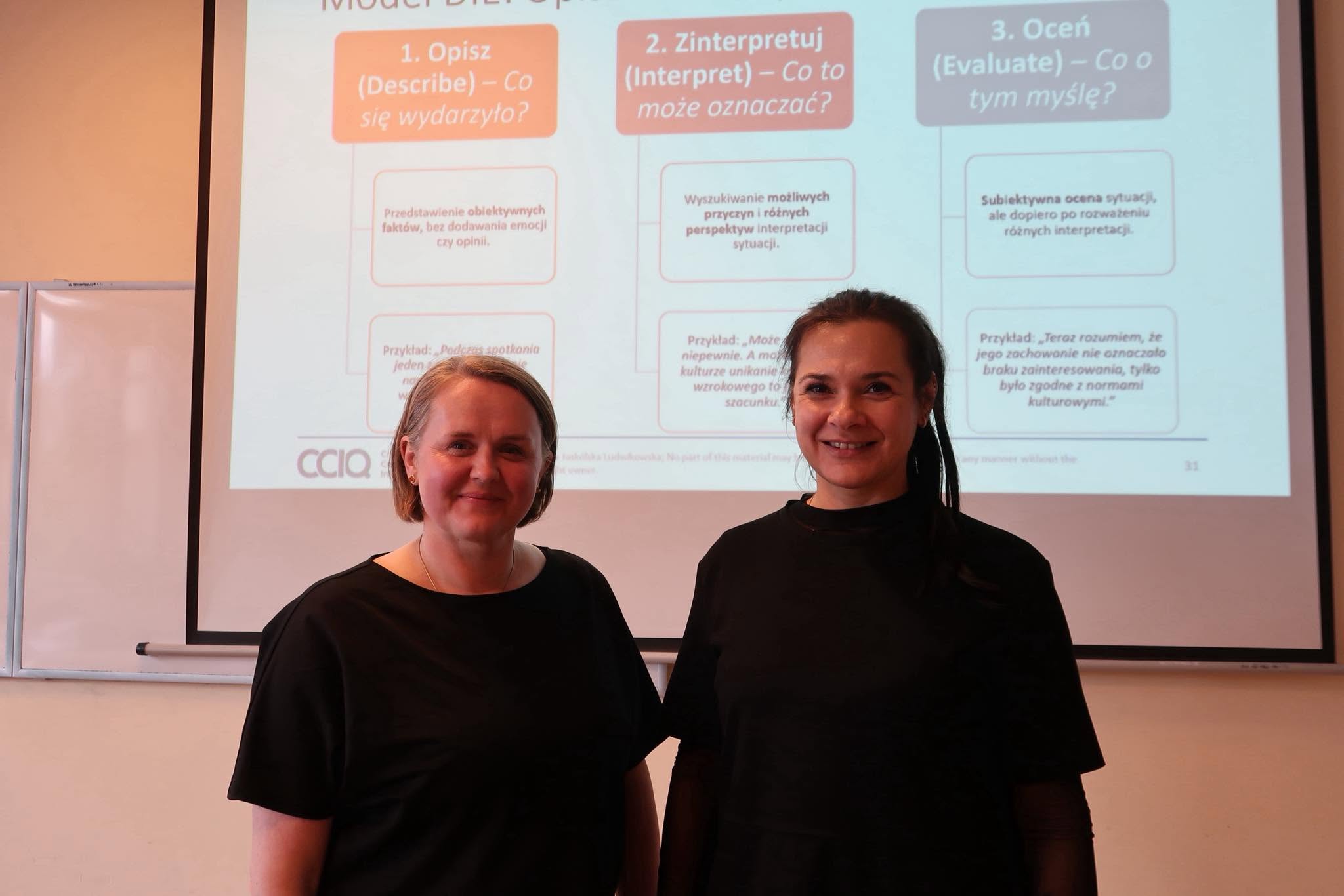 Kamila Ludwikowska and Aleksandra Jask&oacute;lska from Cross Cultural Intelligence stand in front of a presentation during a workshop.